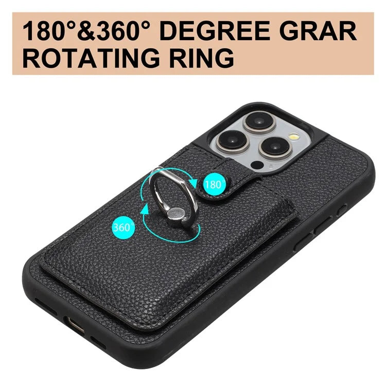 For iPhone 16 Pro Case Drawing Type Card Slots Litchi Texture Leather Back Cover with Ring Kickstand