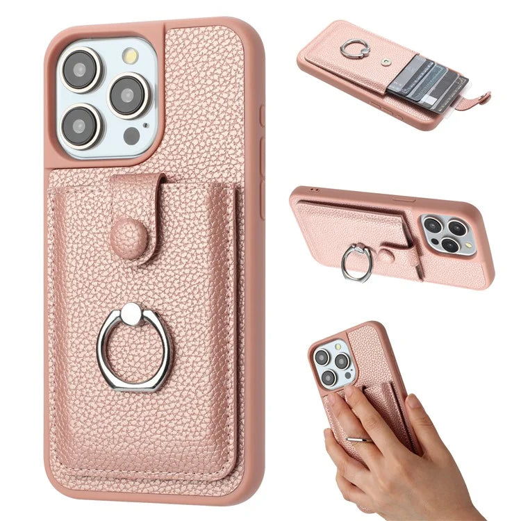 For iPhone 16 Pro Case Drawing Type Card Slots Litchi Texture Leather Back Cover with Ring Kickstand