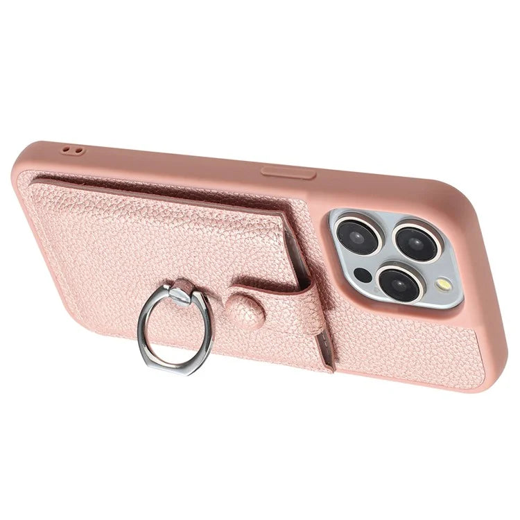For iPhone 16 Pro Case Drawing Type Card Slots Litchi Texture Leather Back Cover with Ring Kickstand