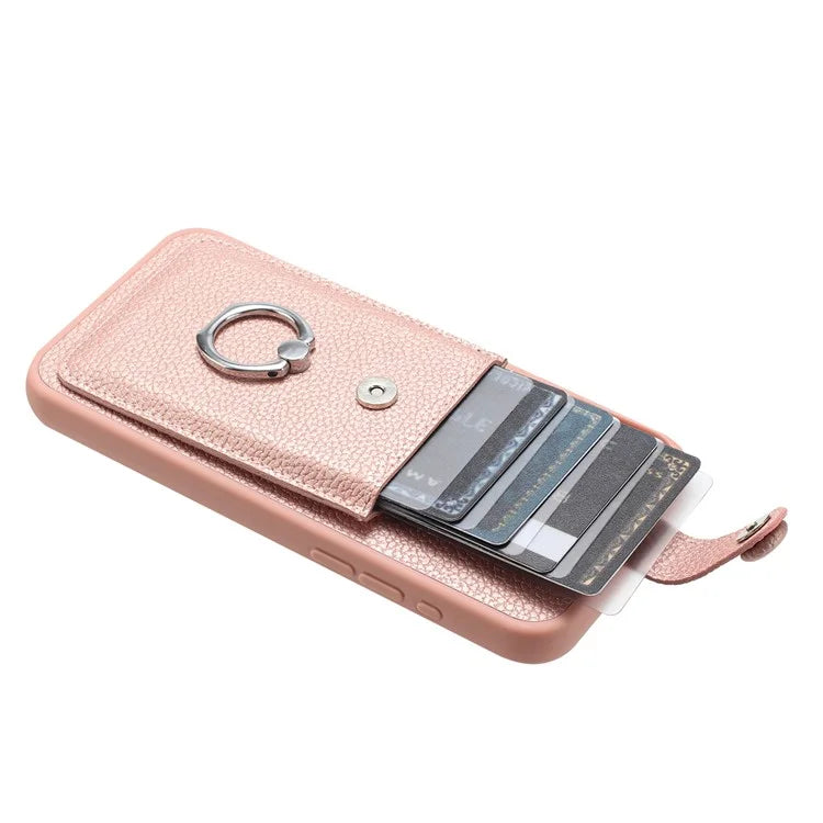 For iPhone 16 Pro Case Drawing Type Card Slots Litchi Texture Leather Back Cover with Ring Kickstand