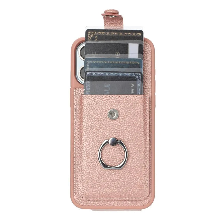 For iPhone 16 Pro Case Drawing Type Card Slots Litchi Texture Leather Back Cover with Ring Kickstand