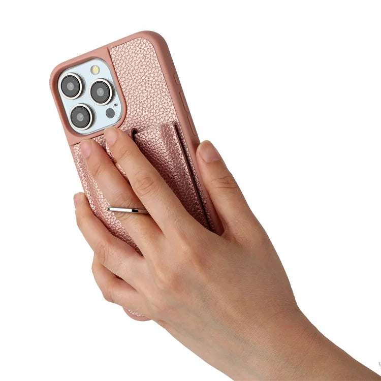 For iPhone 16 Pro Case Drawing Type Card Slots Litchi Texture Leather Back Cover with Ring Kickstand