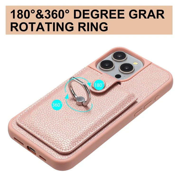 For iPhone 16 Pro Case Drawing Type Card Slots Litchi Texture Leather Back Cover with Ring Kickstand