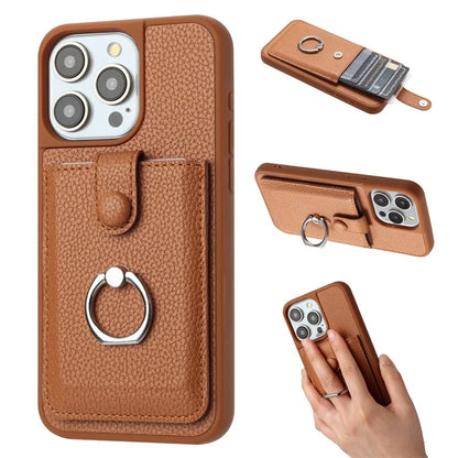 For iPhone 16 Pro Case Drawing Type Card Slots Litchi Texture Leather Back Cover with Ring Kickstand