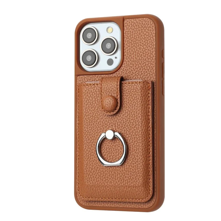 For iPhone 16 Pro Case Drawing Type Card Slots Litchi Texture Leather Back Cover with Ring Kickstand