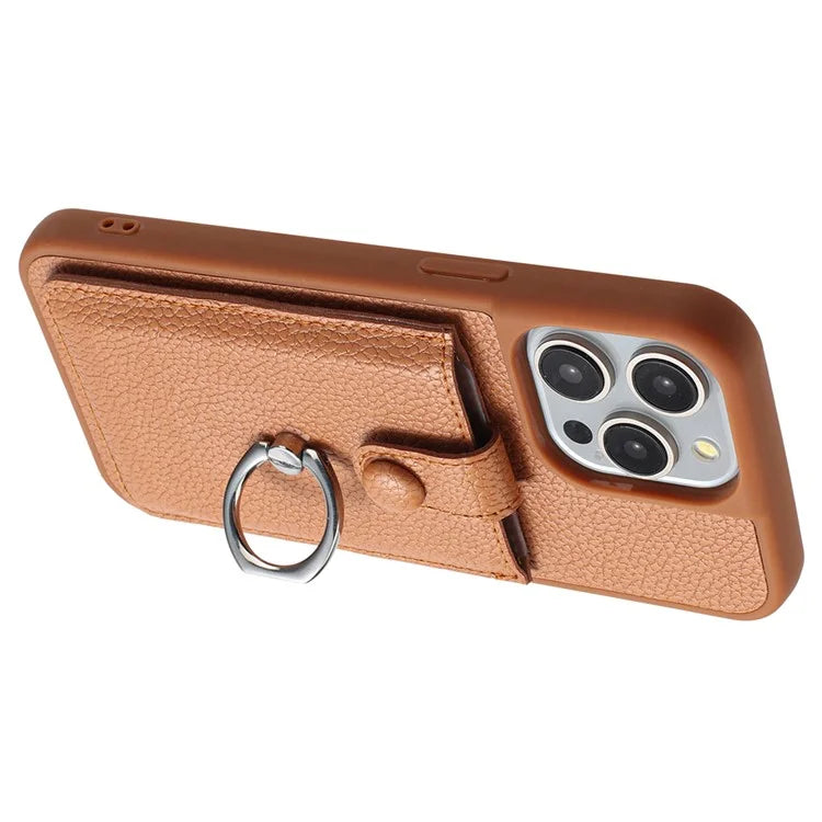 For iPhone 16 Pro Case Drawing Type Card Slots Litchi Texture Leather Back Cover with Ring Kickstand