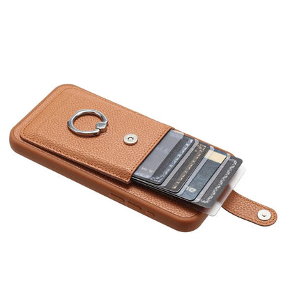 For iPhone 16 Pro Case Drawing Type Card Slots Litchi Texture Leather Back Cover with Ring Kickstand