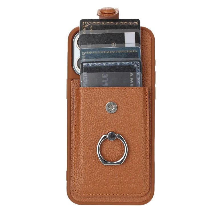 For iPhone 16 Pro Case Drawing Type Card Slots Litchi Texture Leather Back Cover with Ring Kickstand