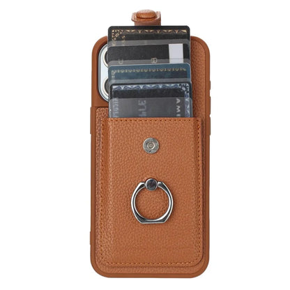 For iPhone 16 Pro Case Drawing Type Card Slots Litchi Texture Leather Back Cover with Ring Kickstand