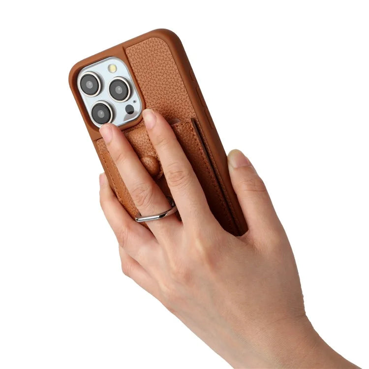 For iPhone 16 Pro Case Drawing Type Card Slots Litchi Texture Leather Back Cover with Ring Kickstand