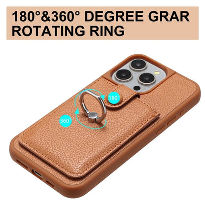 For iPhone 16 Pro Case Drawing Type Card Slots Litchi Texture Leather Back Cover with Ring Kickstand