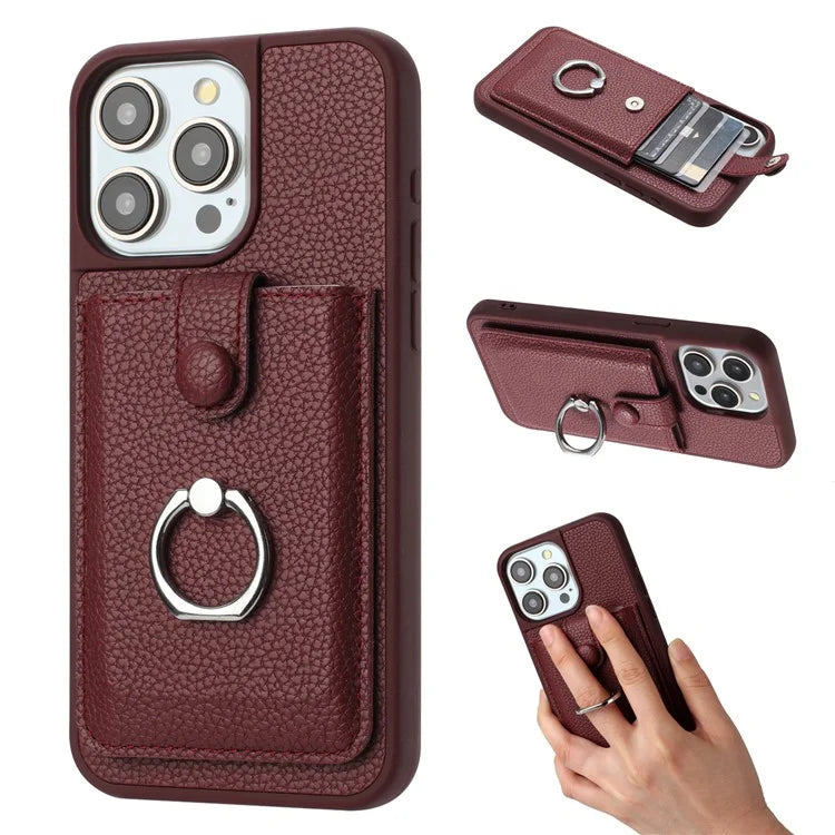For iPhone 16 Pro Case Drawing Type Card Slots Litchi Texture Leather Back Cover with Ring Kickstand