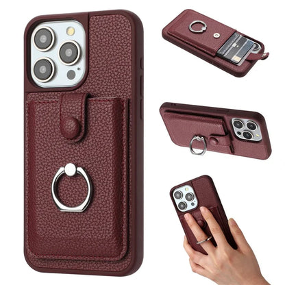 For iPhone 16 Pro Case Drawing Type Card Slots Litchi Texture Leather Back Cover with Ring Kickstand