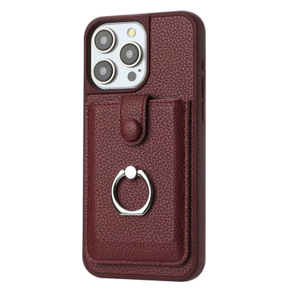 For iPhone 16 Pro Case Drawing Type Card Slots Litchi Texture Leather Back Cover with Ring Kickstand