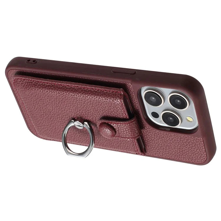 For iPhone 16 Pro Case Drawing Type Card Slots Litchi Texture Leather Back Cover with Ring Kickstand
