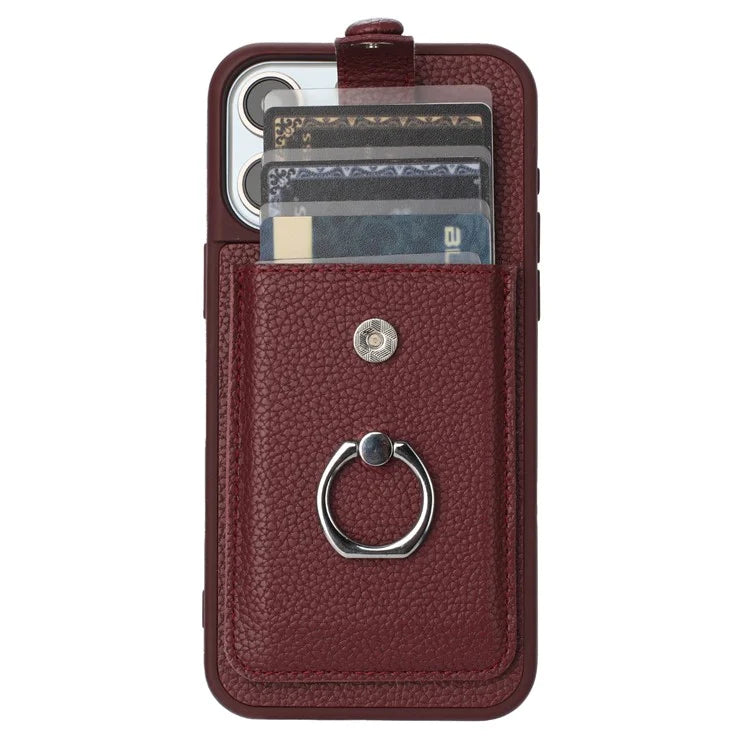 For iPhone 16 Pro Case Drawing Type Card Slots Litchi Texture Leather Back Cover with Ring Kickstand