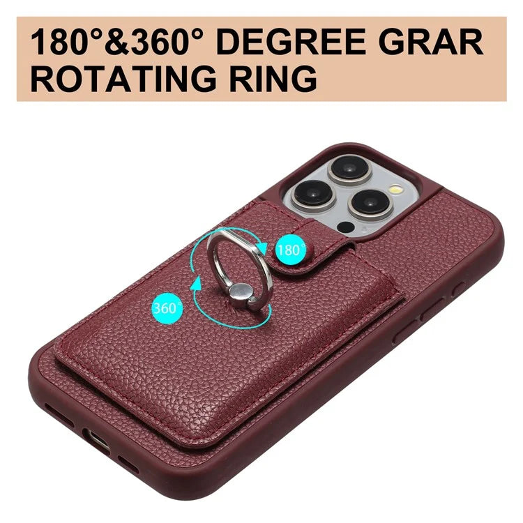 For iPhone 16 Pro Case Drawing Type Card Slots Litchi Texture Leather Back Cover with Ring Kickstand