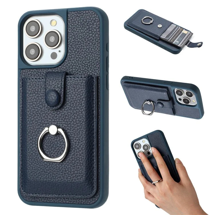 For iPhone 16 Pro Case Drawing Type Card Slots Litchi Texture Leather Back Cover with Ring Kickstand
