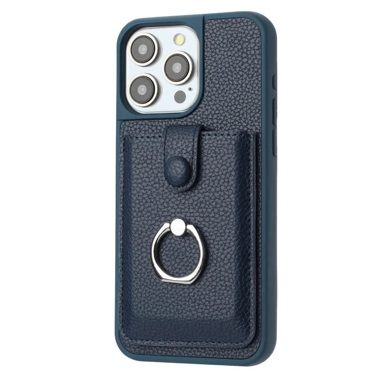 For iPhone 16 Pro Case Drawing Type Card Slots Litchi Texture Leather Back Cover with Ring Kickstand