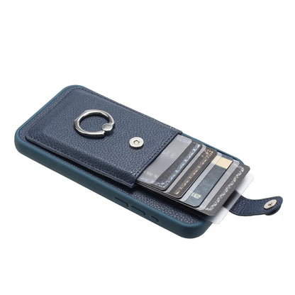 For iPhone 16 Pro Case Drawing Type Card Slots Litchi Texture Leather Back Cover with Ring Kickstand