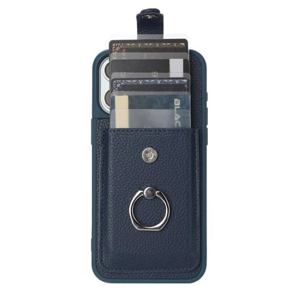 For iPhone 16 Pro Case Drawing Type Card Slots Litchi Texture Leather Back Cover with Ring Kickstand