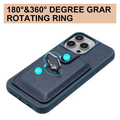 For iPhone 16 Pro Case Drawing Type Card Slots Litchi Texture Leather Back Cover with Ring Kickstand