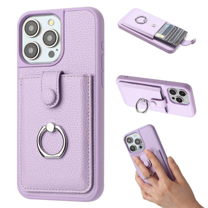 For iPhone 16 Pro Case Drawing Type Card Slots Litchi Texture Leather Back Cover with Ring Kickstand