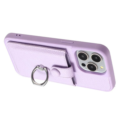 For iPhone 16 Pro Case Drawing Type Card Slots Litchi Texture Leather Back Cover with Ring Kickstand