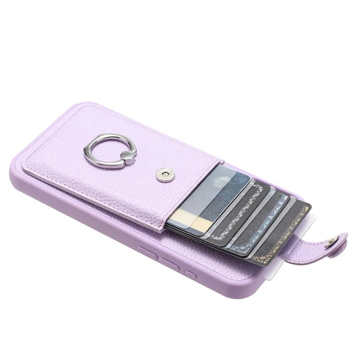 For iPhone 16 Pro Case Drawing Type Card Slots Litchi Texture Leather Back Cover with Ring Kickstand