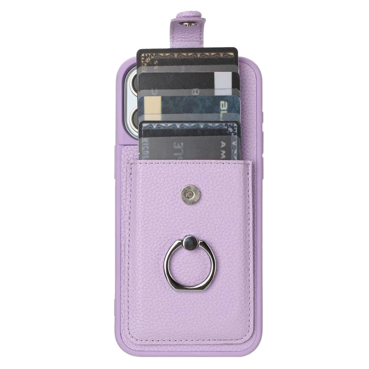 For iPhone 16 Pro Case Drawing Type Card Slots Litchi Texture Leather Back Cover with Ring Kickstand