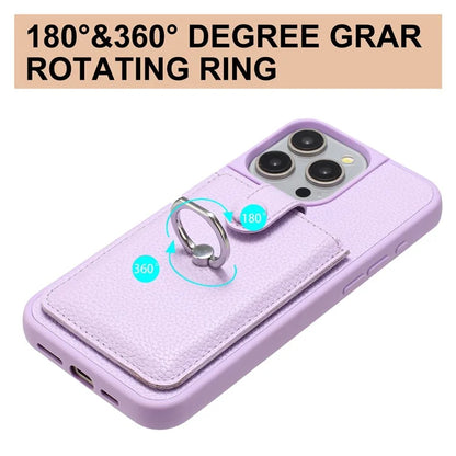For iPhone 16 Pro Case Drawing Type Card Slots Litchi Texture Leather Back Cover with Ring Kickstand