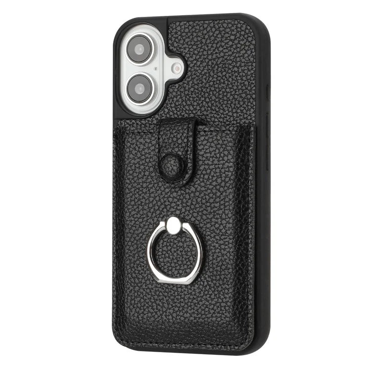 For iPhone 16 Plus Case Drawing Type Card Slots Litchi Texture Leather Back Cover with Ring Kickstand