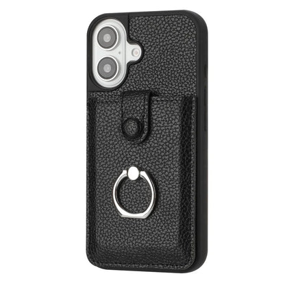 For iPhone 16 Plus Case Drawing Type Card Slots Litchi Texture Leather Back Cover with Ring Kickstand