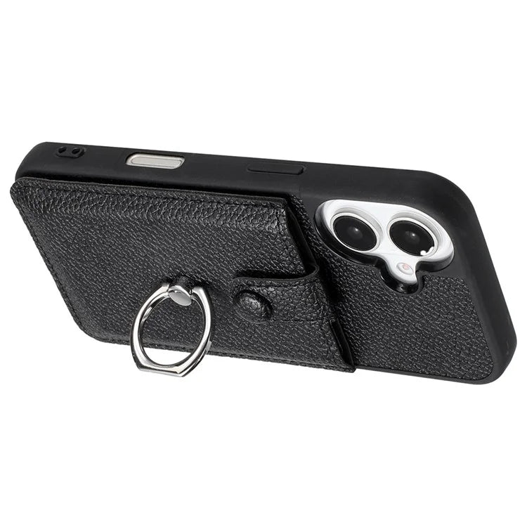 For iPhone 16 Plus Case Drawing Type Card Slots Litchi Texture Leather Back Cover with Ring Kickstand