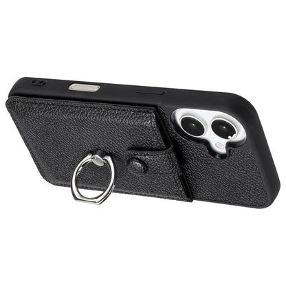 For iPhone 16 Plus Case Drawing Type Card Slots Litchi Texture Leather Back Cover with Ring Kickstand