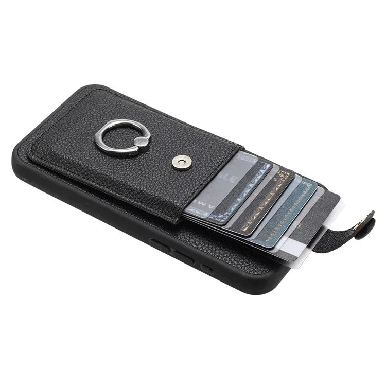 For iPhone 16 Plus Case Drawing Type Card Slots Litchi Texture Leather Back Cover with Ring Kickstand
