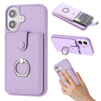 For iPhone 16 Plus Case Drawing Type Card Slots Litchi Texture Leather Back Cover with Ring Kickstand