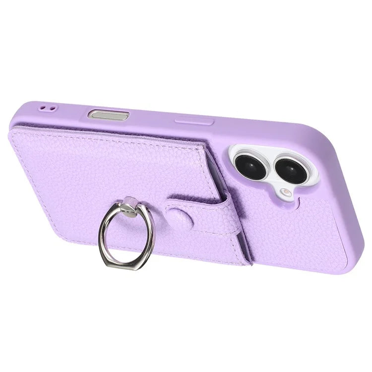 For iPhone 16 Plus Case Drawing Type Card Slots Litchi Texture Leather Back Cover with Ring Kickstand