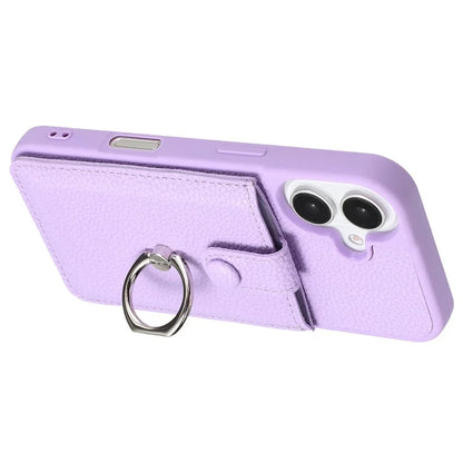 For iPhone 16 Plus Case Drawing Type Card Slots Litchi Texture Leather Back Cover with Ring Kickstand