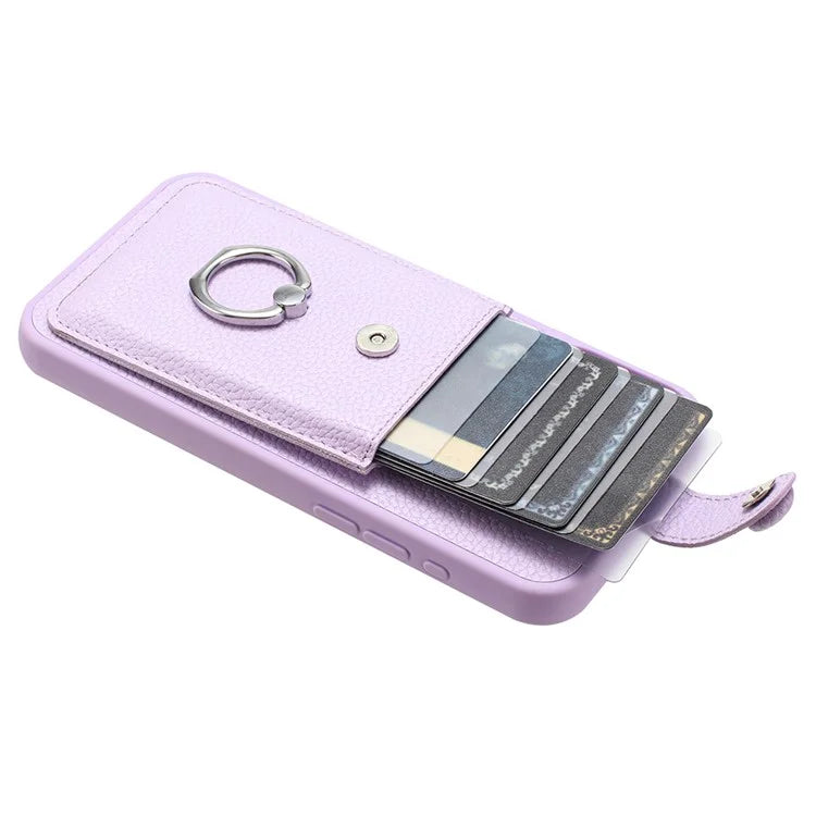 For iPhone 16 Plus Case Drawing Type Card Slots Litchi Texture Leather Back Cover with Ring Kickstand
