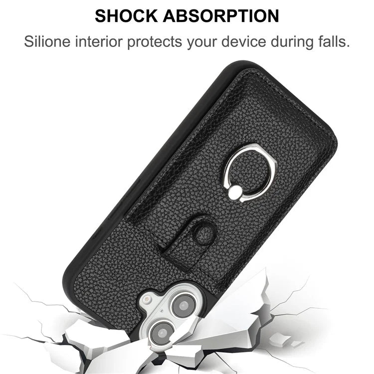 For iPhone 16 Plus Case Drawing Type Card Slots Litchi Texture Leather Back Cover with Ring Kickstand