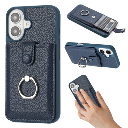 For iPhone 16 Plus Case Drawing Type Card Slots Litchi Texture Leather Back Cover with Ring Kickstand
