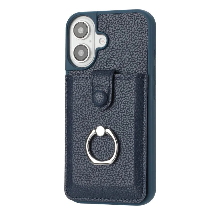 For iPhone 16 Plus Case Drawing Type Card Slots Litchi Texture Leather Back Cover with Ring Kickstand