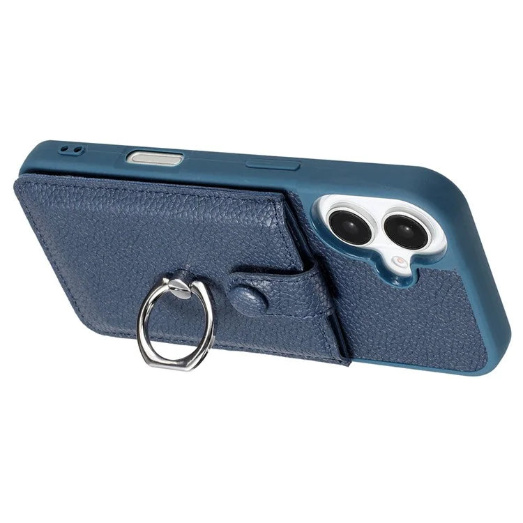 For iPhone 16 Plus Case Drawing Type Card Slots Litchi Texture Leather Back Cover with Ring Kickstand