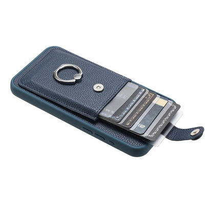 For iPhone 16 Plus Case Drawing Type Card Slots Litchi Texture Leather Back Cover with Ring Kickstand