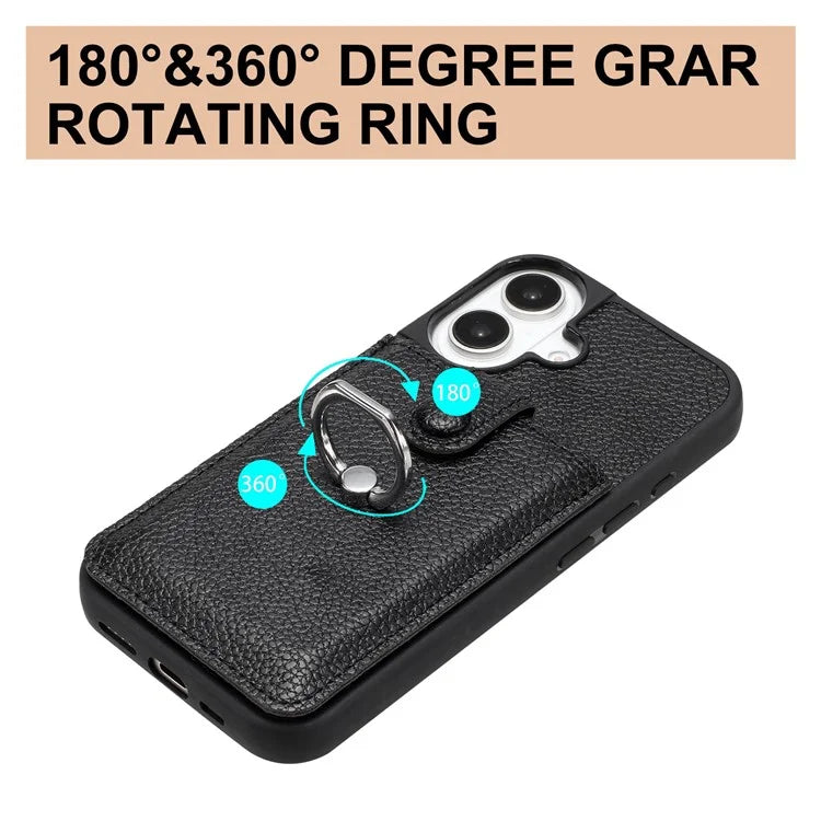 For iPhone 16 Plus Case Drawing Type Card Slots Litchi Texture Leather Back Cover with Ring Kickstand