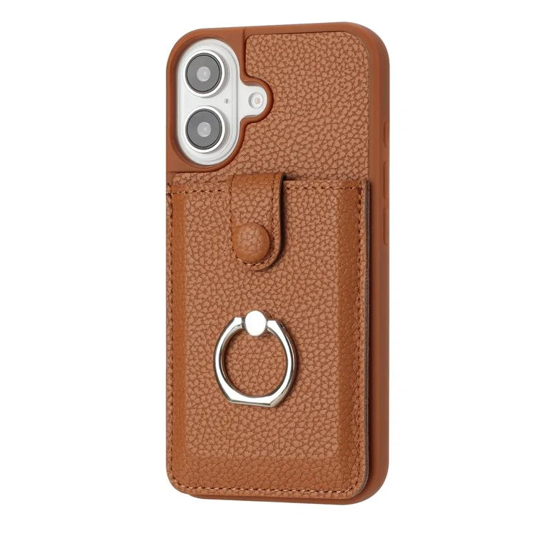 For iPhone 16 Plus Case Drawing Type Card Slots Litchi Texture Leather Back Cover with Ring Kickstand