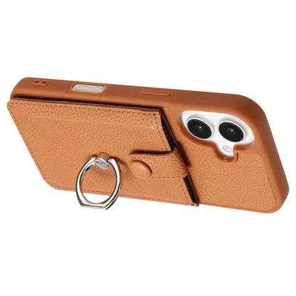 For iPhone 16 Plus Case Drawing Type Card Slots Litchi Texture Leather Back Cover with Ring Kickstand