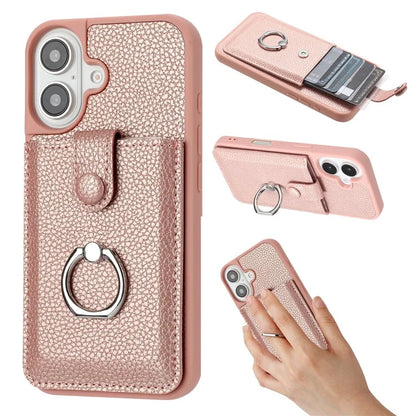 For iPhone 16 Plus Case Drawing Type Card Slots Litchi Texture Leather Back Cover with Ring Kickstand
