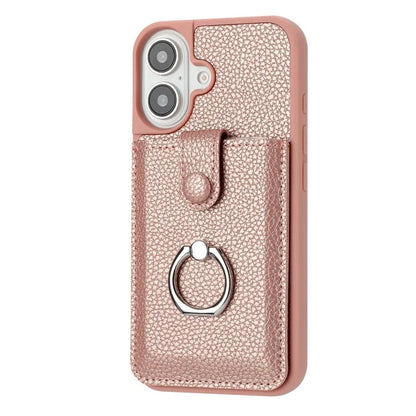 For iPhone 16 Plus Case Drawing Type Card Slots Litchi Texture Leather Back Cover with Ring Kickstand